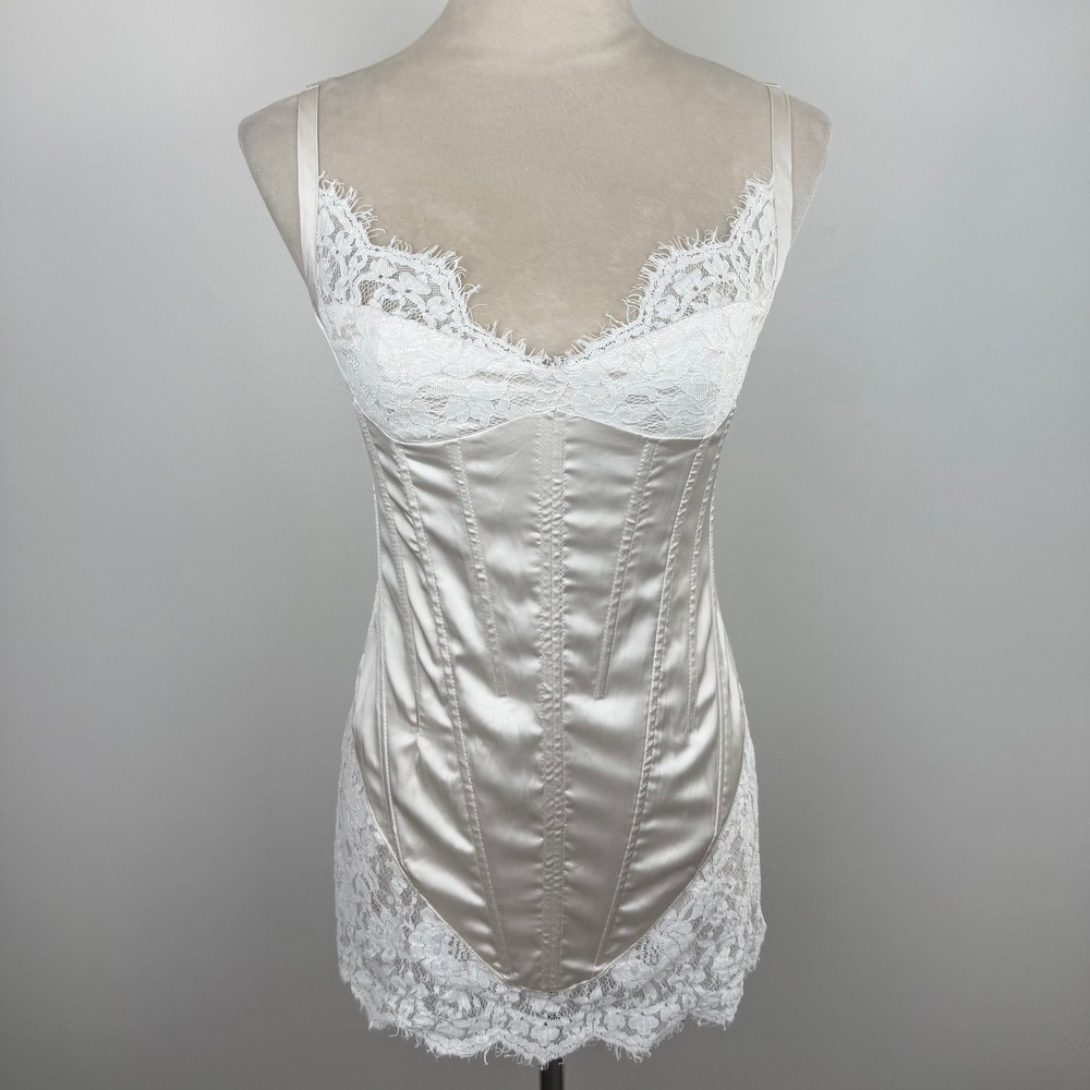 Finesse Rosie Satin Lace Corset Dress White Eyelash Trim Boned Party Sz Small
